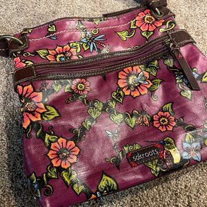 SAKROOTS crossbody bag, practically new, purple with orange flowers, bumble bees